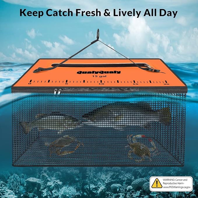 QualyQualy Floating Fish Basket for Live Caught, 10/15 Gallons Foldable Fishing Holder Minnow Bucket Portable Collapsible Fishing Net Storage Cage for Live Fish Bait Live Well