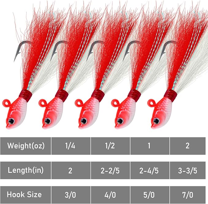 Alwonder 5-Pack Bucktail Jigs Hair Jigs Saltwater Freshwater Fishing Bucktail Lures Surf Fishing Jig Heads White Luminous Chartreuse Swimbait Jig for Bass Flounder Striper Bluefish Halibut Redfish