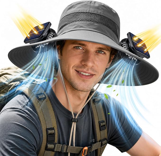 Solar Fan Hat, UPF 50+ Wide Brim Sun Hat with 2 Fans, Solar & USB Rechargeable, 3 Speeds for Fishing/Camping/Hiking/Gardening