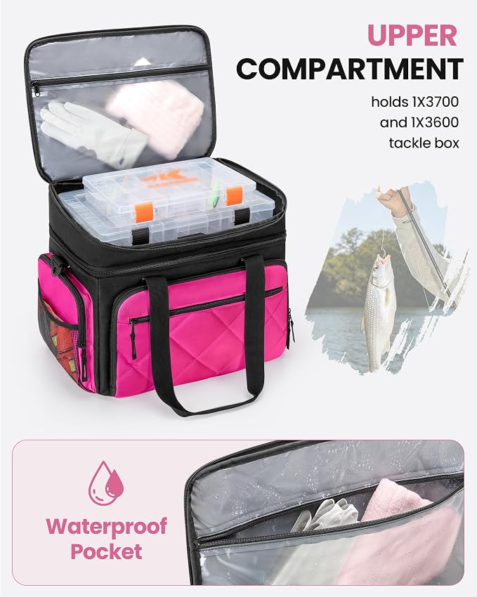 Smasrob Fishing Tackle Bag with Large Lure Boxes Pocket and Extra Top Tackle Trays Pocket, Fish Bag for Saltwater and Freshwater (Tackle Trays Not Included), Rose