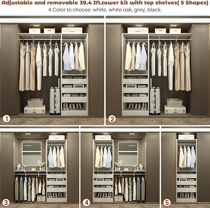 60" Wide x 80" Tall Closet System with 3 Half-Open Wooden Drawers, 5FT Closet Organizer System with 2 Hanging Rods & Removable Tower, Freestanding Wardrobe Organizer for Walk-in Bedroom, White Oak
