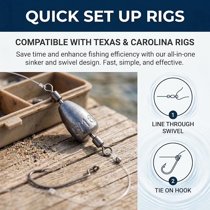 Fishing Weights with Rolling Swivel Bullet Quick Set Up Drop Shot Sinkers Streamlined Lead Fishing Sinkers for Freshwater Saltwater Catfish Bass Casting Fishing and Bottom Fishing Rigs