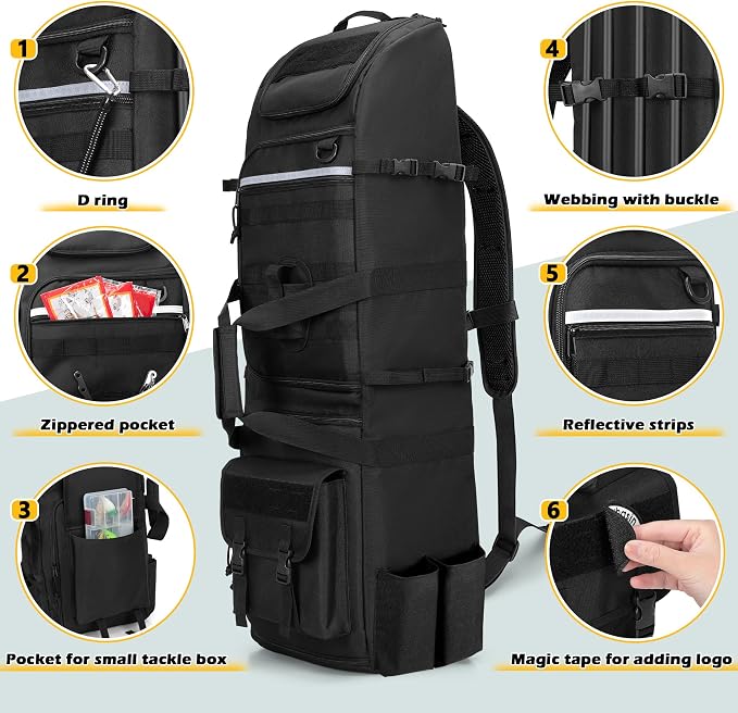 Rexmica Fishing Backpack Holds 8 Rods & Reels, Fishing Tackle Bag with Compartment for Tackle Boxes, Fishing Gear or Equipment, Fishing Rod Case Backpack, Fishing Pole Bag with Tactical Molle System