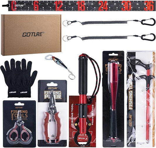 Goture Fishing Tool Kit,Fishing Pliers,Fillet Knife with Sheath,Fish Lip Gripper,Fish Hook Remover,Lanyard,Line Scissors,Sharpener,Stainless Steel Soap,Saltwater Gear Kit,Red/Pink,Gifts for Men/Women