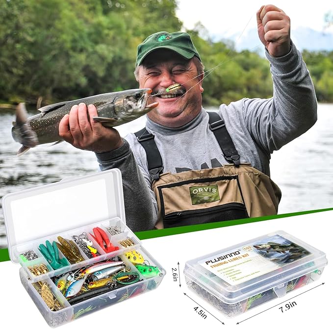 PLUSINNO Fishing Lures, All-in-One Fishing Tackle Box with Tackle Included, Fishing Gear Lure Bait Accessories Kit for Freshwater Bass Trout, Ideal Fishing Gifts for Men, Father & Beginners