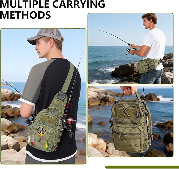 Fishing Backpack Small Fishing Tackle Storage Bag with 3 Methods of Carrying Large Capacity Sling Backpack for Outdoor Hiking Travel Hunting (Army Green)