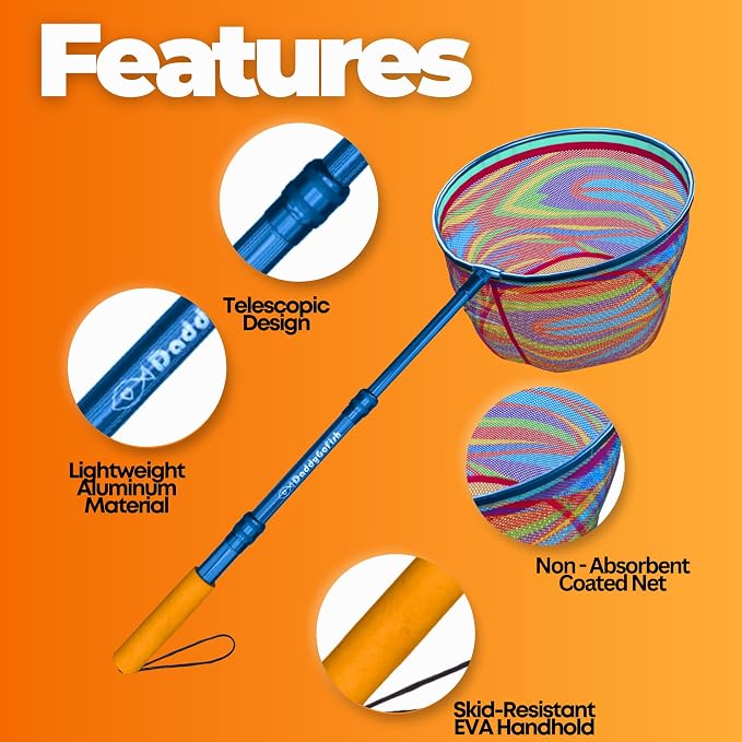 DaddyGoFish Kids Fishing Net - Extendable Telescopic Landing Net for Boy Girl Children Catching Small Fish Crab Shrimp Minnow Dragonfly Beach Pier Lake River Ocean