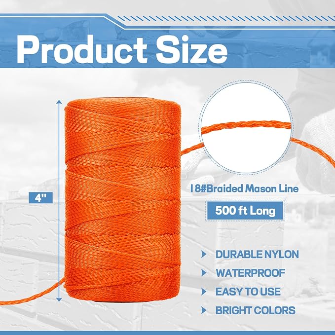 Amylove 12 Roll Mason String Line #18, 500 ft Nylon Braided Construction String Line, Heavy Duty Outdoor Twine Rope for Gardening or Masonry Tools Construction DIY Project, Fluorescent Orange