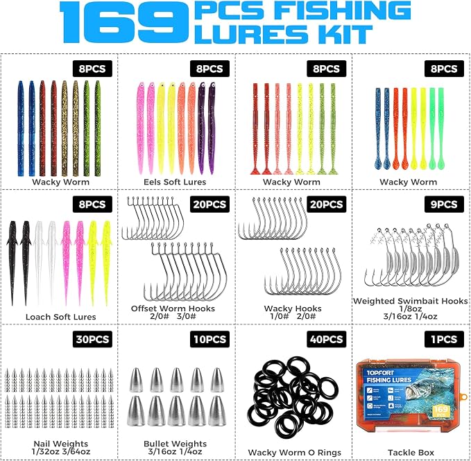 TOPFORT Fishing Lures, Bass Fishing Kit with Wacky Worm, Fishing Worms for Bass Fishing, Soft Plastic Baits with Hooks, Weights, Fishing Accessories, Fishing Gear Fishing Gifts for Men with Tackle Box