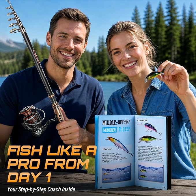 PLUSINNO Fishing Rod and Reel Combo with Telescopic Fishing Pole, Portable Travel Fishing Rods Kit with Tackle Box Carrier Bag & Manuals, Fishing Gear Tool Kit for Freshwater, Fishing Gifts for Men
