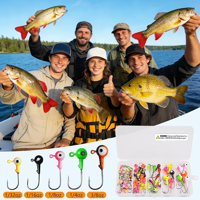 OROOTL Fishing Jig Heads Hooks Set, 60pcs Assorted Round Jig Head with 3D Eyes Painted Jig Heads for Crappie Bass Walleye 3/8oz 1/4oz 1/8oz 1/16oz 1/32oz Saltwater Freshwater Fishing Tackle Kit