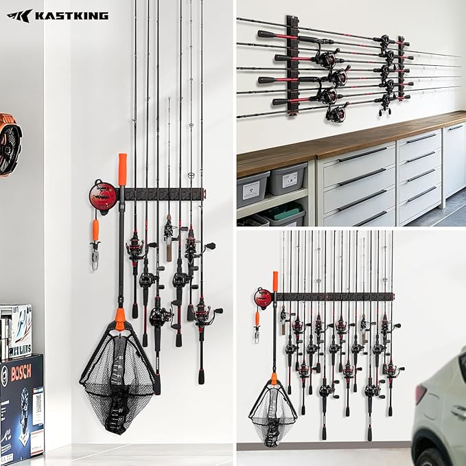KastKing GravityLock V9 Vertical Fishing Rod Holder, 2-Pack Wall Mounted Fishing Rod Rack, Holds Up to 18 Fishing Rods or Combos, Heavy-Duty Grip, One size Fits Most, Fishing Rod Holders for Garage