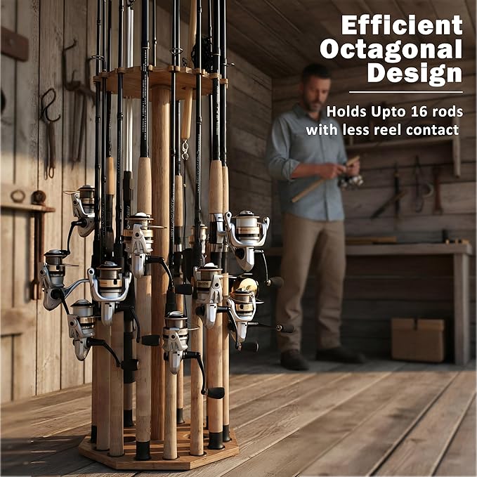 Rush Creek Creations 16-Rod Round Fishing Rod Holder for Garage, 360° Access Fishing Pole Holder for Fishing Rods, Reels, Gear, and Accessories, Securely Holds 16 Rods, Wood Grain