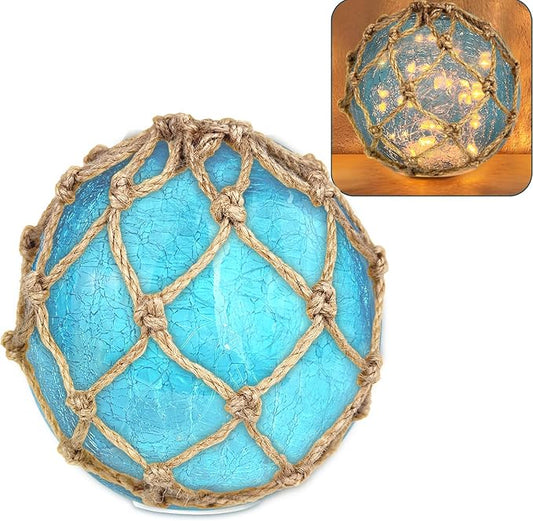 5.91" Blue Glass Fishing Float Night Light,Cracked Glass Ball, Battery Powered Nautical Coastal Decor Beach Bathroom Decor (Blue)