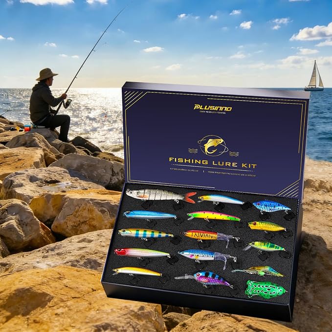 PLUSINNO Fishing Lures - Tackle Box, Bass Fishing Lures for Freshwater and Saltwater, Trout Fishing Gear & Bait, Fishing Gifts for Men,Father