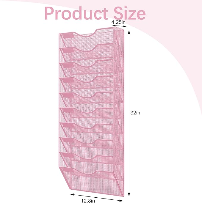 EasyPAG 10 Pocket Mesh Wall File Organizer, Hanging Paper Folder Holder with Classify Label, Vertical Wall Mount Mail Organizer for Office Home Classroom, Pink