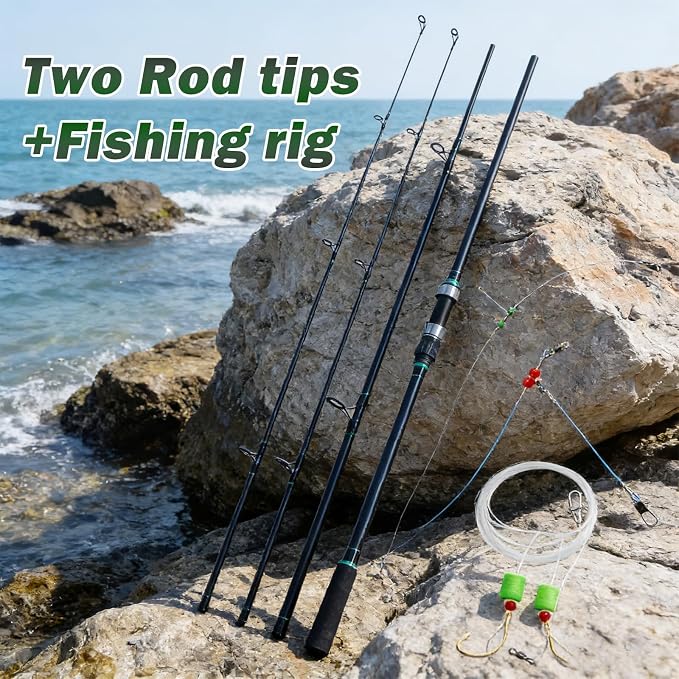 Surf Spinning Fishing Rod 9'/10'/11'/12', 3-Piece Carbon Fiber Saltwater Rod with 2 Tips, Lightweight High-Sensitivity Long-Cast Shore & Beach Casting Rod for Pier Surf Fishing