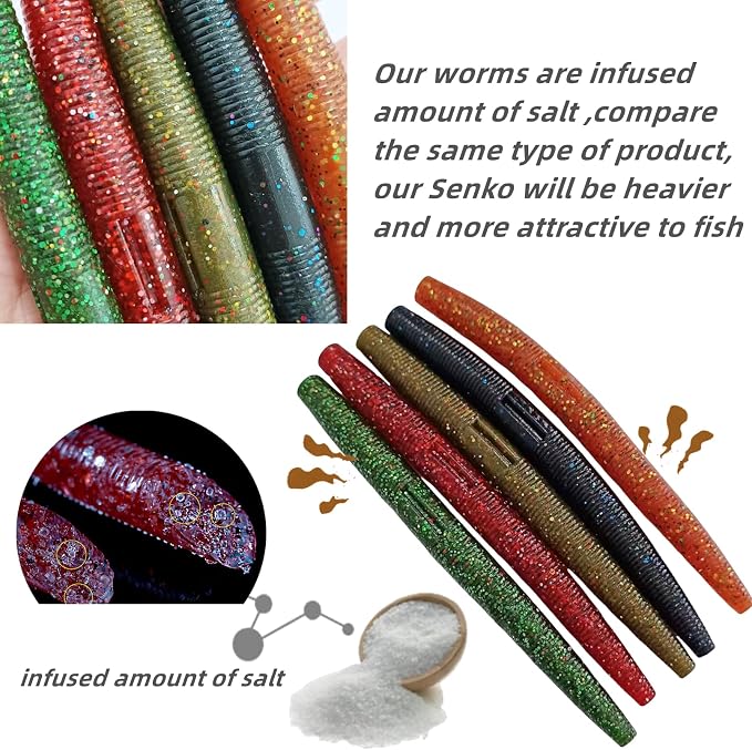30 Pcs 5.5" /0.35oz,4"/0.2oz Senko Wacky Worms Soft Fishing Lures，Classics/Soft,5 Colors Mixed Kit Plastic Worm Stick Baits for Bass Freshwater Saltwater Fishing