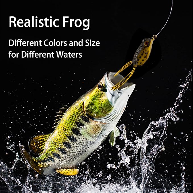 5PCS Topwater Frog Lures Set with Box, Realistic Soft Hollow Body Fishing Lures for Bass Snakehead Pike Bowfin, Weedless Freshwater Simulated Frog Baits
