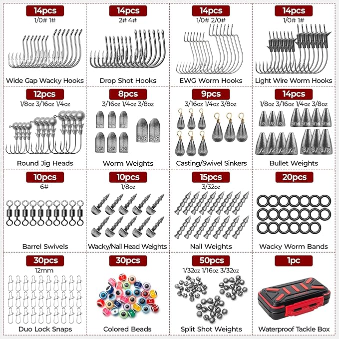 MadBite by KastKing 182/265/400pcs Compact Fishing Tackle Kit - All-in-One Freshwater Hooks, Weights, Bobbers in Tackle Box, Fishing Gear Set for Bass Trout Panfish
