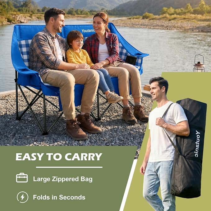 Youtanic Double Camping Chair, Heavy Duty 650lbs Padded Loveseat for Adults, Folding 2 Person Camp Couch with Cup Holder & Carry Bag, Wide Plaid Portable Lawn Seat for Outdoor Beach Sports, Blue