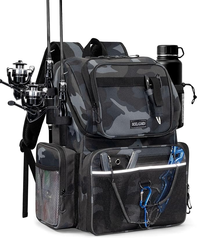 HXLGMD Fishing Backpack with Rod Holders,43L Large Water Resistant Tackle Bag Storage Gear and Equipment with Cooler for Men Fishing, Camping, Hiking, Khaki