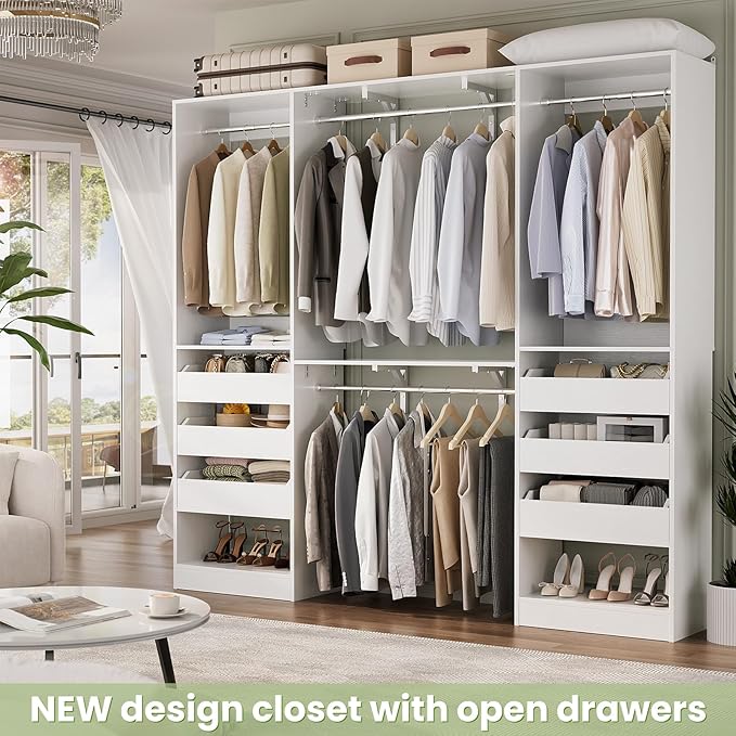 60" Wide x 80" Tall Closet System with 3 Half-Open Wooden Drawers, 5FT Closet Organizer System with 2 Hanging Rods & Removable Tower, Freestanding Wardrobe Organizer for Walk-in Bedroom, White