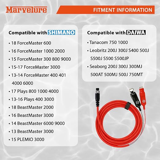Power Cord Cable 10 FT (300 CM) Compatible for Daiwa Tanacom Seaborg Leobritz, Shimano Plays BeastMaster ForceMaster Electric Fishing Reels (Black (1 Pc) + Red (1 Pc))