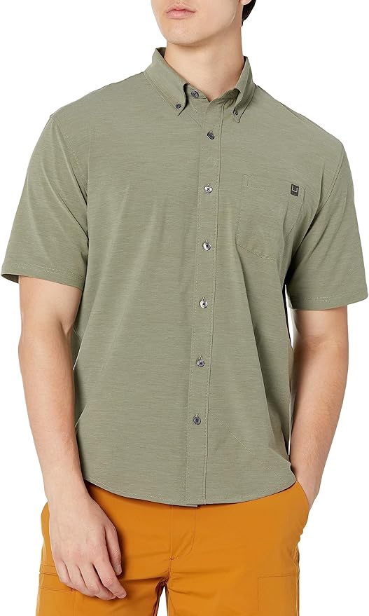 HUK Mens Kona Solid Short Sleeve Fishing Button Down Shirt for Men, Fresh Salmon, 3X-Large