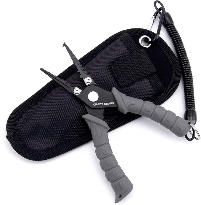 Fishing Pliers, Stainless Steel Fishing Tools, Saltwater Resistant Fishing Gear, Tungsten Carbide Cutters, Split Ring Pliers, Hook Remover with Coiled Lanyard and Sheath