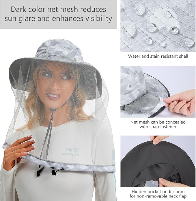 BASSDASH UPF 50+ Mosquito Sun Hat with Hidden Head Net and Neck Flap for Men Women Outdoor Fishing Hiking Camping