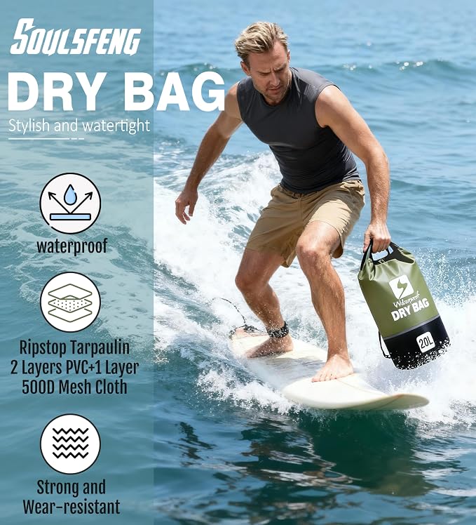 Soulsfeng Waterproof Dry Bag Roll Top Lightweight Dry Backpack for Boating, Kayaking, Travel, Beach, Swimming, Hiking & Camping - Floating Dry Sack with Adjustable Shoulder Straps 10L