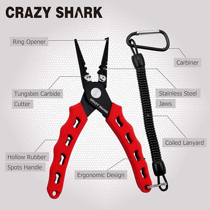 Fishing Pliers, Stainless Steel Fishing Tools, Saltwater Resistant Fishing Gear, Tungsten Carbide Cutters, Split Ring Pliers, Hook Remover with Coiled Lanyard and Sheath