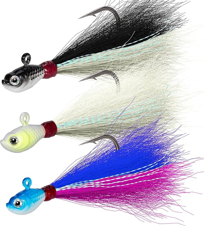 Dr.Fish 3 Pack Bucktail Jig Lure Hair Jig Saltwater Freshwater Lures Surf Fishing Bass Flounder Striper Bluefish Halibut Redfish