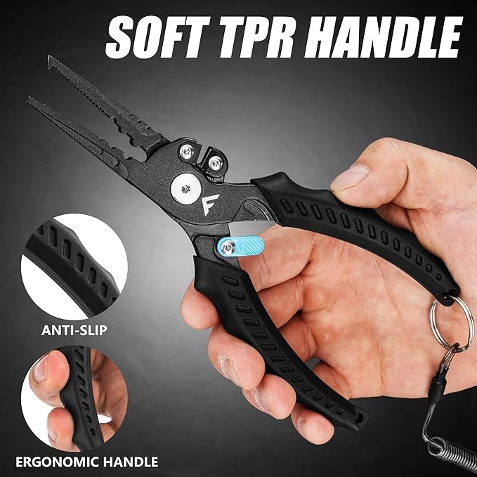 FLISSA Fishing Pliers, Safety Lock Design Fish Pliers Saltwater, Aluminum Hook Remover, Titanium 6Al-4V Jaw and Tungsten Carbide Line Cutters, Sheath & Lanyard, Fishing Gear Gifts for Men