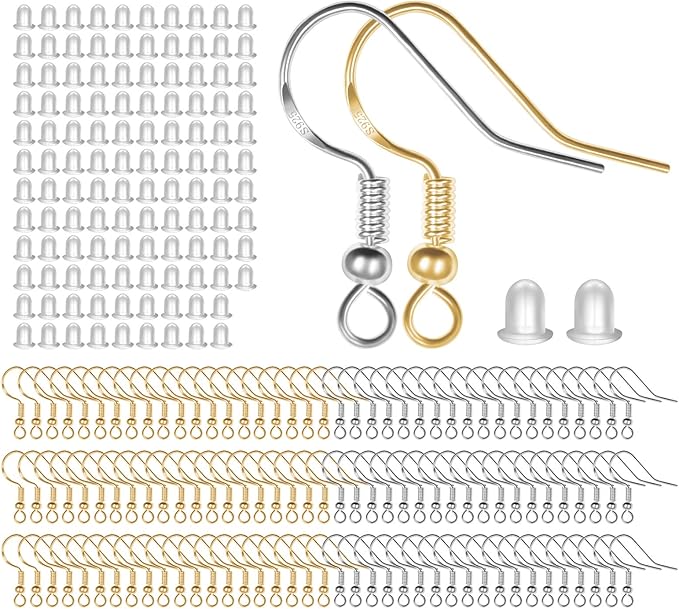 MENKEY 925 Sterling Mixed Earring Hooks 120 PCS/60 Pairs, Ear Wires Fish Hooksfor DIY Jewelry Making, Hypo-allergenic Jewelry Findings Parts with 120 PCS Clear Silicone Earring Backs Stoppers
