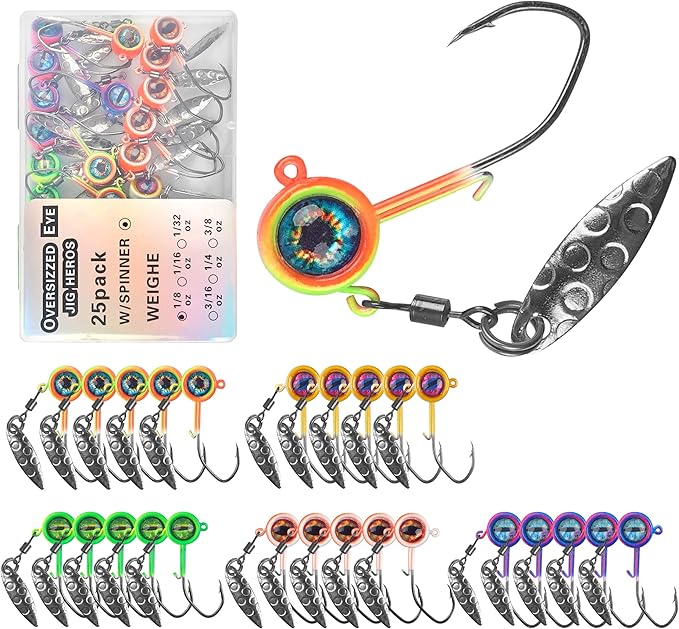 Crappie Jig Heads Fishing Lures Kit, 25pcs Underspin Jig Heads with Spinner Blade Eye Ball Head Painted Crappie Lures Fishing Jigs for Bass, Trout, Panfish, Sunfish