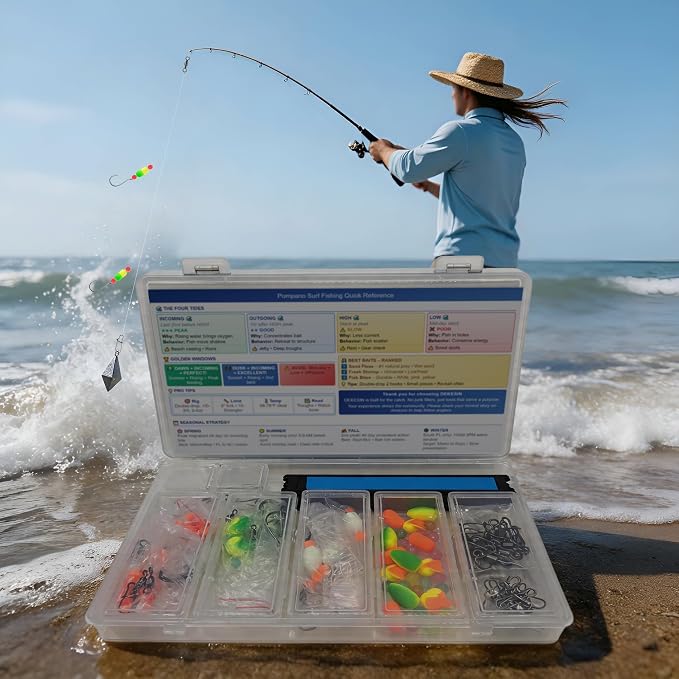 9-Pack Hand-Tied Pompano Rigs - 50lb Surf Fishing Rigs with 104pc DIY Tackle Refill Kit, Tide Card - Pre-Rigged for Pompano, Redfish, Flounder - Gift for Men Dad