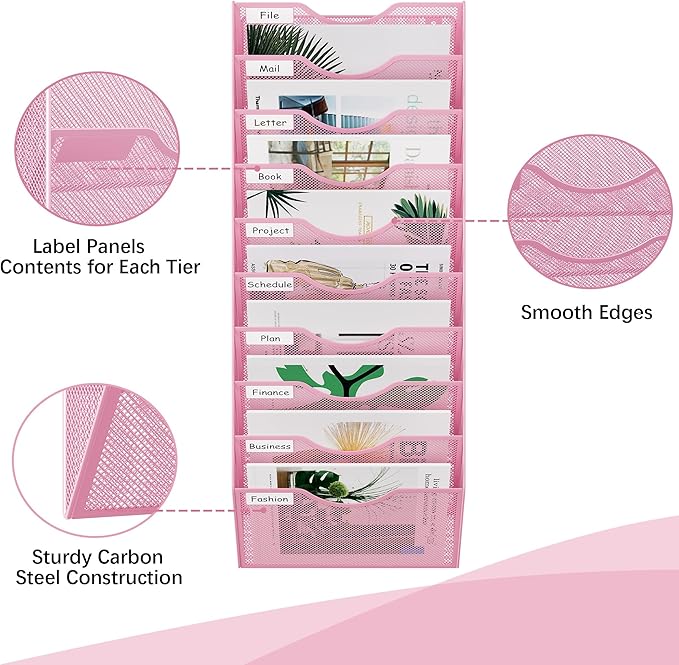 EasyPAG 10 Pocket Mesh Wall File Organizer, Hanging Paper Folder Holder with Classify Label, Vertical Wall Mount Mail Organizer for Office Home Classroom, Pink