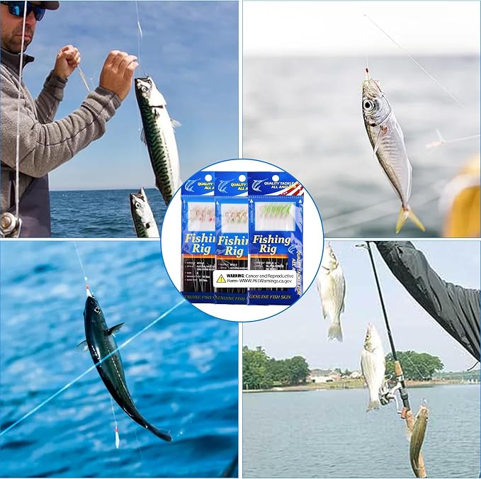 OROOTL Fishing Bait Rigs Saltwater, 6 Packs Surf Fishing Rigs with Sharp Hooks Fish Skin Feather Swivel Snap Glow Saltwater Lures Sea Bass Cod Herring Hook Rig Size 4 6 8