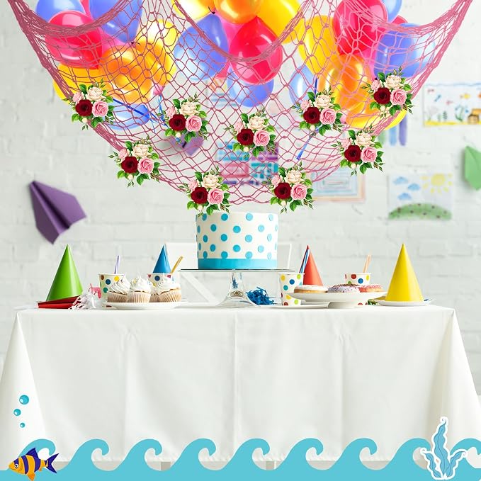 12 Pack Decorative Fish Netting for Party 80 x 40 Inch Natural Cotton Fish Net Decorations for Pirate Ocean Under The Sea Hawaiian Mermaid Party Picture Wall Hanging Decoration(Pink)