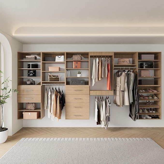 Tall Hanging Closet Unit, Modular System Organizer With Storage for Walk-In Closets, Clothing Rack Wardrobe for Hanging Clothes, Bedroom, Wood, 19.5"W