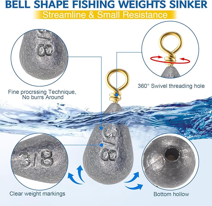 Bass Casting Swivel Bell Sinkers Fishing Weights Drop Shaped Fishing Sinkers Catfish Weights for Ocean Saltwater Surf Bass Casting Gear Tackle
