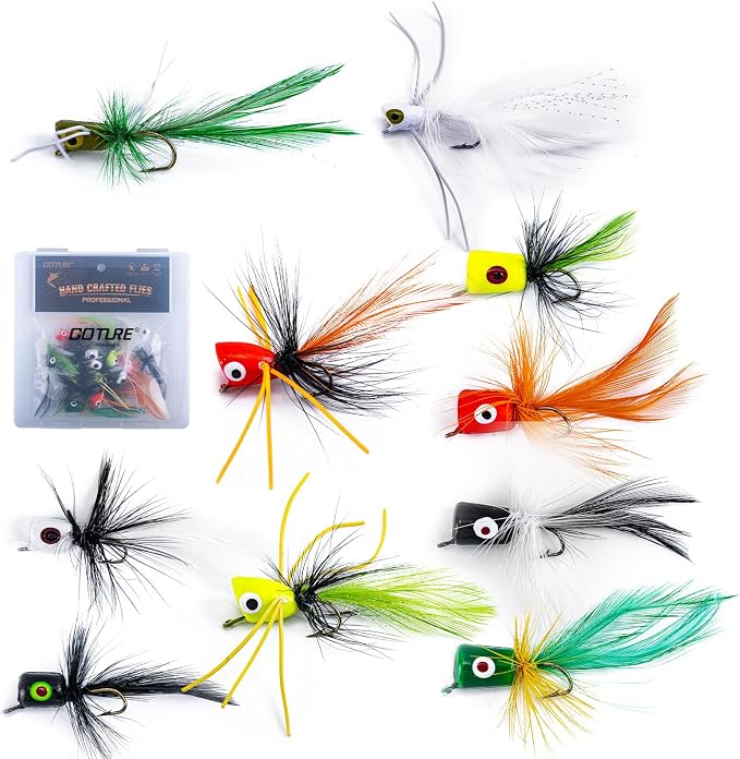 Goture Fly Fishing Poppers Lures, Topwater Popper Flies Bugs Lure, Fly Fish Poppers Fishing Lures Kit, Dry Flies for Panfish Bluegill Crappie Sunfish Bass Trout Salmon