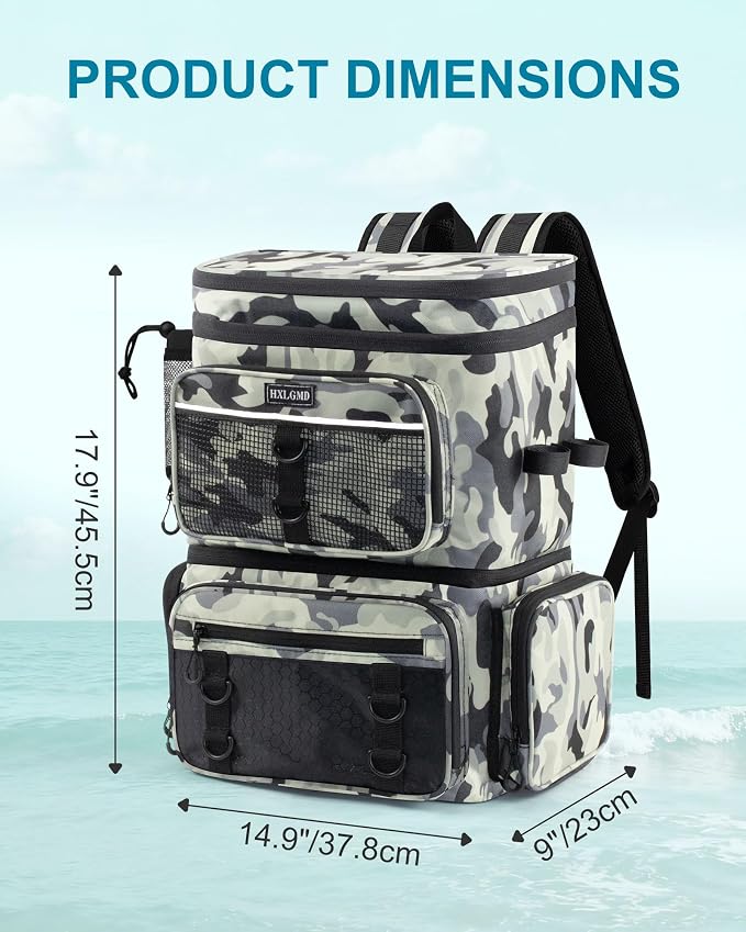 HXLGMD Fishing Backpack with Rod Holders, Double Layer Large Water-resistant Tackle Bag Store Gear with Cooler, Grey