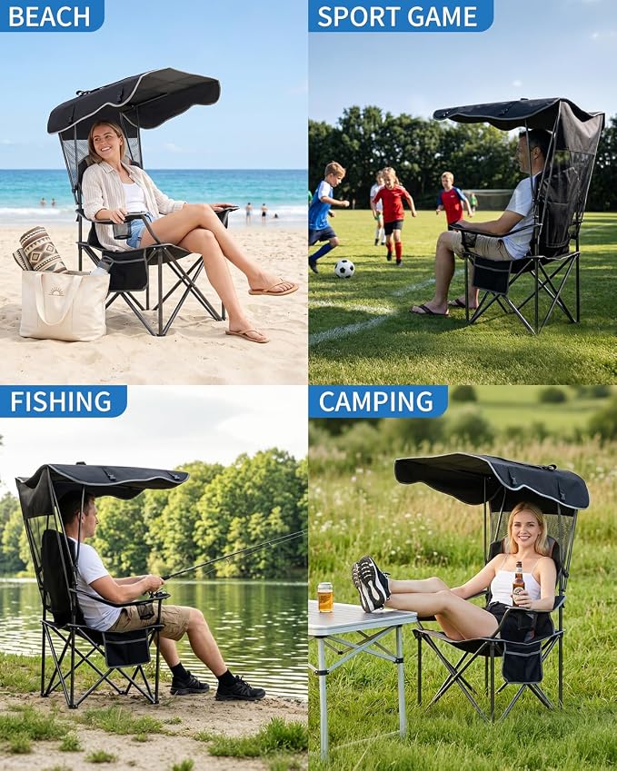 HOPERAN Camping Chair with Canopy, Heavy Duty Beach Chair with Umbrella Cooler Bag Cup Holder Side Pocket Supports 500lbs, Outdoor Folding Chair with Shade for Beach, Lawn, Fishing, Sports