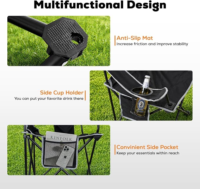 Romswi 2 Pack Lightweight Camping Chairs for Adults, Folding Outdoor Chair with 4-Can Cooler Bag, Collapsible Chair with Cup Holder for Camping, Beach, Lawn, Fishing, Black