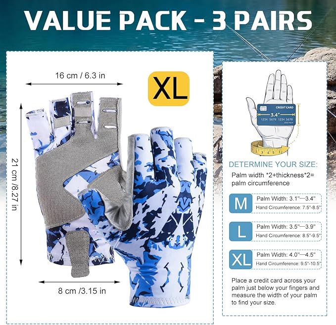 Unittype 3 Pairs Fishing Gloves, UPF50 Fingerless Sun Protection Gloves for Outdoor Fishing, Breathable Non-Slip Grip, Sky Blue