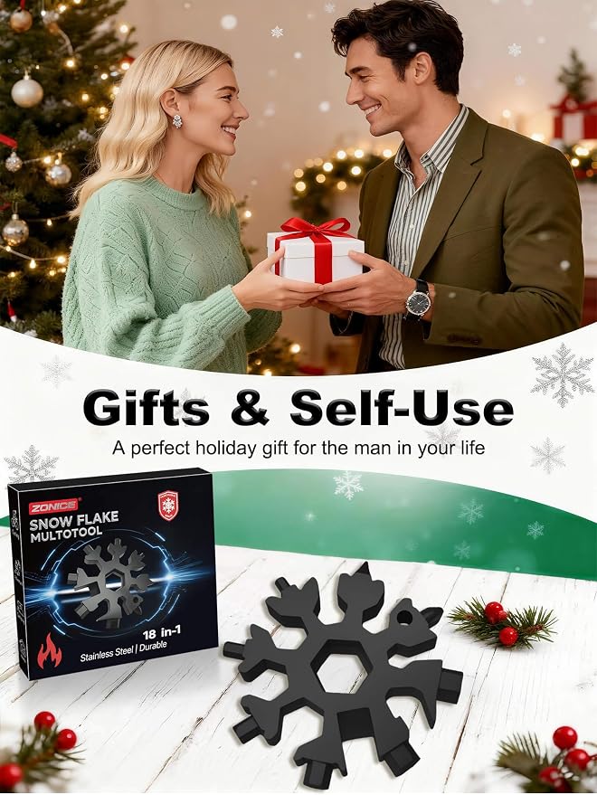 ZONICE 18-in-1 Snowflake Multi Tool – Stainless Steel with Bottle Opener & Wrench,Compact EDC Tool for Camping,Fishing,Hiking, Stocking Stuffers,Gifts for Men,Dad,Husband (Black)