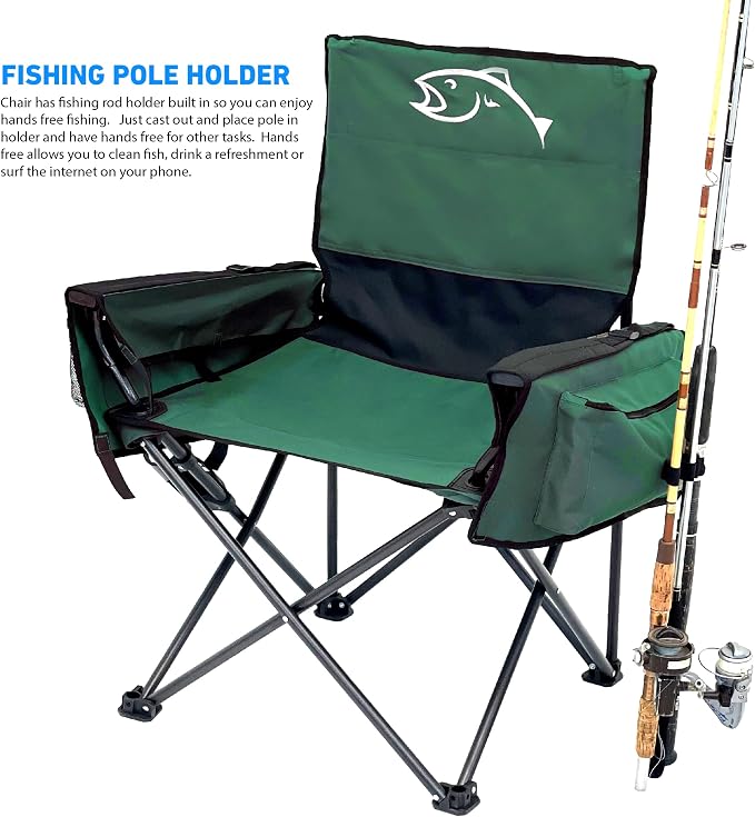 EASYGO PRODUCTS Fishing Chair with Rod Holder – Built in Cooler – Hands Free Fishing Pole Holder - Storage Pouch – Full Size Portable & Folding – Ruler for Measuring Fish, Fishing Chair Green